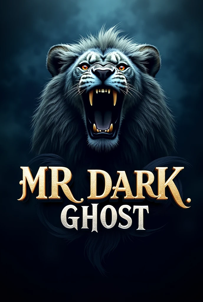 Give me a logo which a lions face is roaring and the content is MR DARK GHOST , MR should be written big com aparde to DARK GHOST in the content use two different colors and creative , generate me a logo containing it ‘MR’ should be large and take white and gold color to generate content
