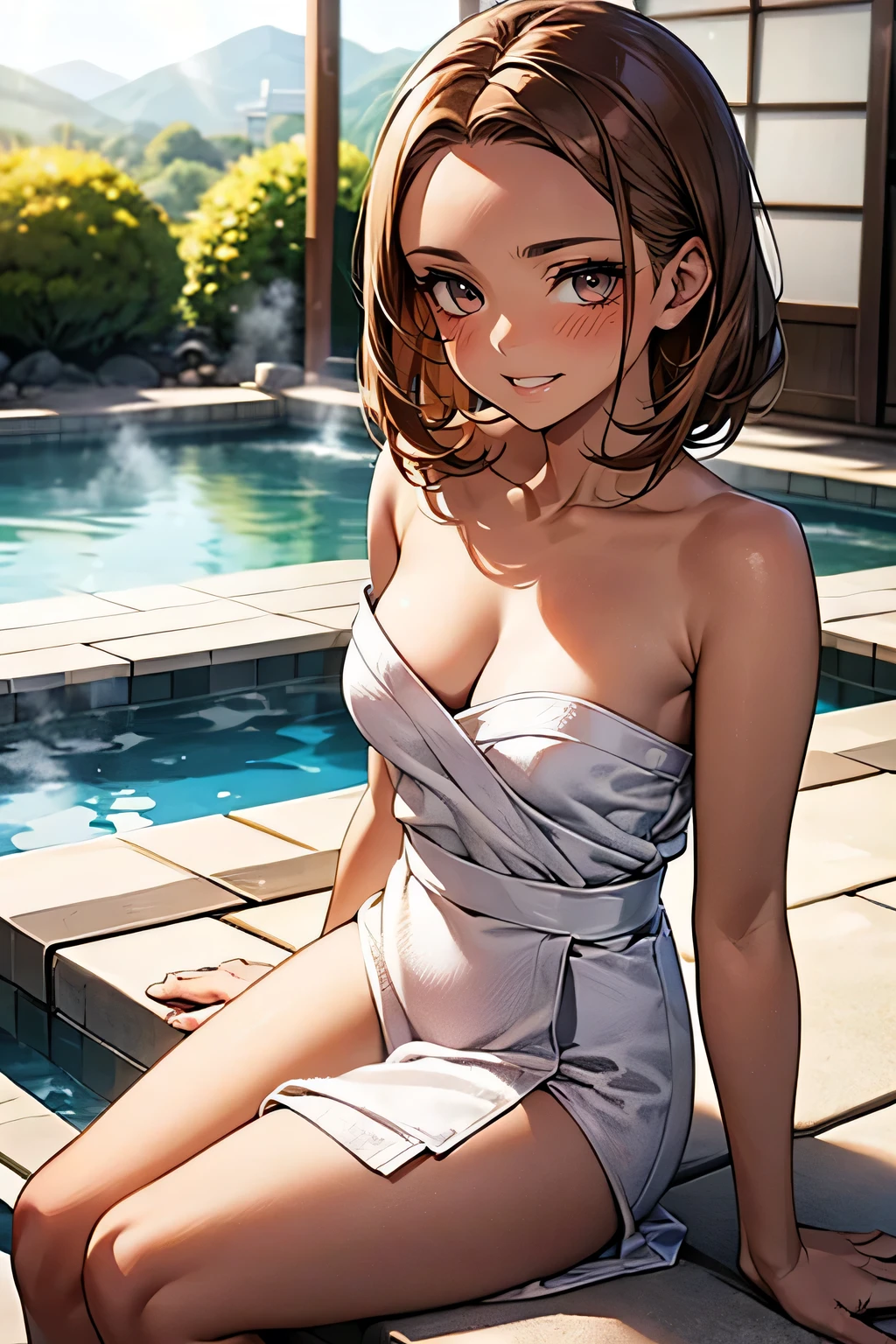 Highest quality，Perfect Anatomy.                             Sitting，One Woman,20-year-old，Super beauty，Blonde，Small Head，Forehead，Provocative smile，((Brown Skin:1.4))，Cleavage，She is wearing a white bath towel.,The sunlight shining on her.                                           The background is a hot spring in Japan，sunny，Daytime.