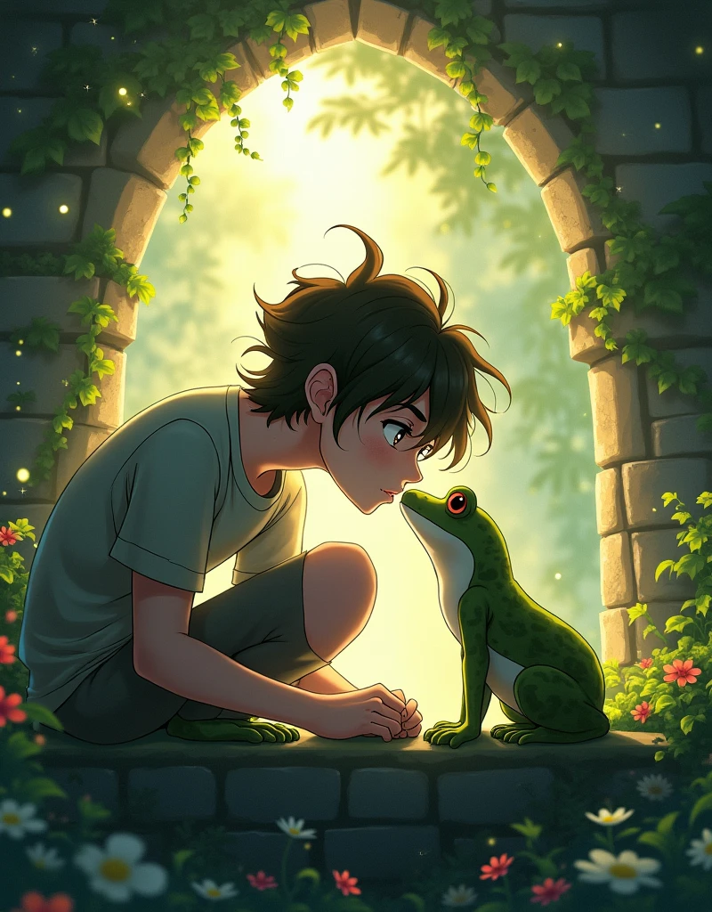 (anime); beautiful young man, kissing, a toad, among ruins.