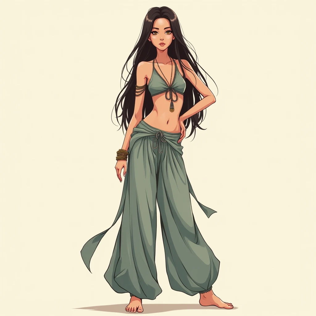 Tall Cool Woman,solo,Long Hair, whole body,Standing pose, Belly Dance Top,Long and Wide Harem Pants,barefoot,anime