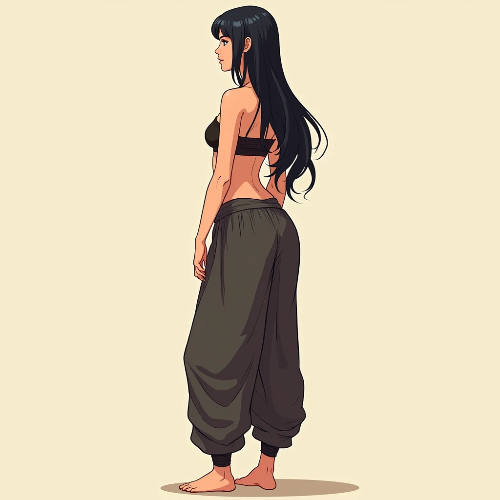 Tall Cool Woman,solo,Long Hair, whole body,Standing pose, Belly Dance Top,Long and Wide Harem Pants,barefoot,anime