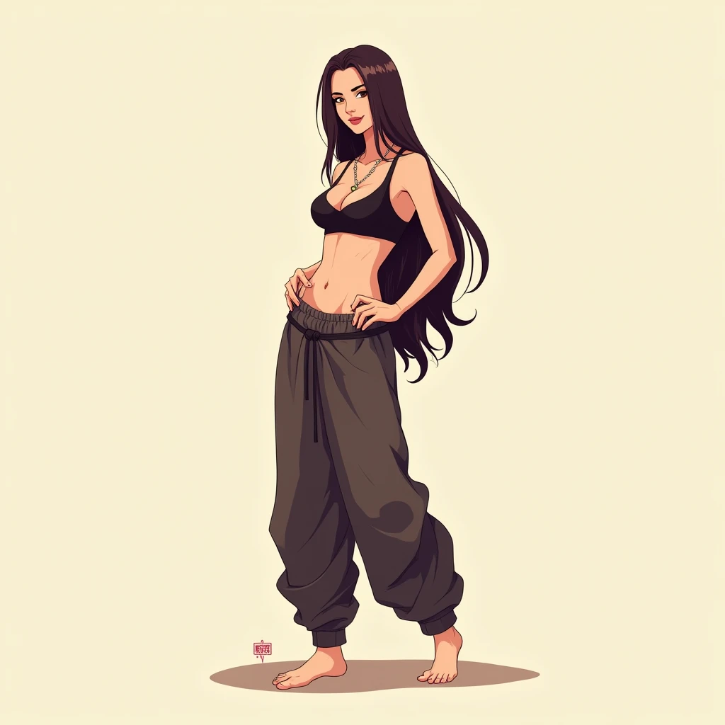 Tall Cool Woman,solo,Long Hair, whole body,Standing pose, Belly Dance Top,Long and Wide Harem Pants,barefoot,anime