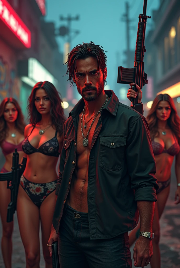 Gta 5 , Trevor , girls without dress, assault guns on hand , bra on gun tip