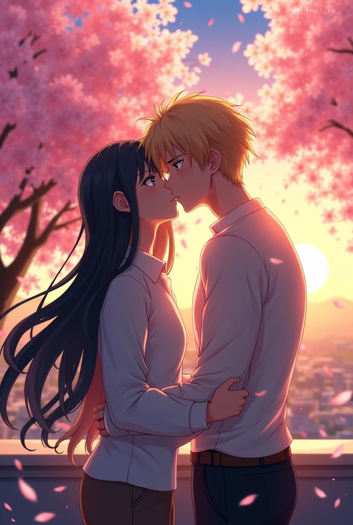 (anime) a guy with long black hair, a guy with medium long blonde hair, kissing