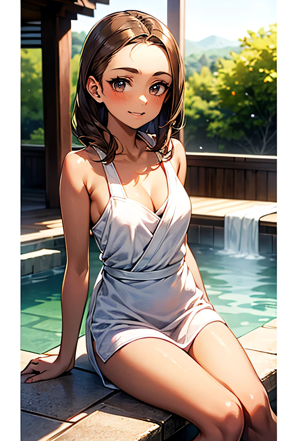 Highest quality,Perfect Anatomy. Sitting,One Woman,20-year-old,Super beauty,Blonde,Small Head,Forehead,Provocative smile,((Brown Skin:1.4)),Cleavage,She is wearing a white bath towel.,The sunlight shining on her. The background is a hot spring in Japan,sunny,Daytime.