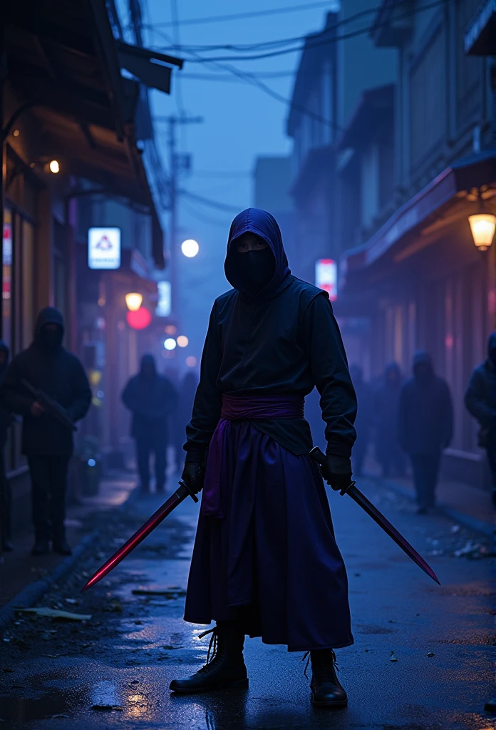 Male Ninja,Hollow,Pull out the knife and chop it up,night,Black and purple clothes,Blue-violet background,Street,A powerless gang with a gun,The knife is shining,maniac,Massacre,art