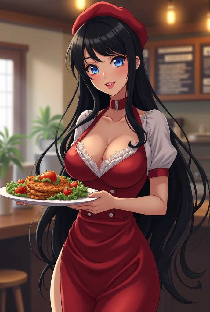 NSFW Long hair girl, black in color, blue colored eyes. with huge breasts, slim with hips and ass, no belly. Dressed as a waitress serving food, realist