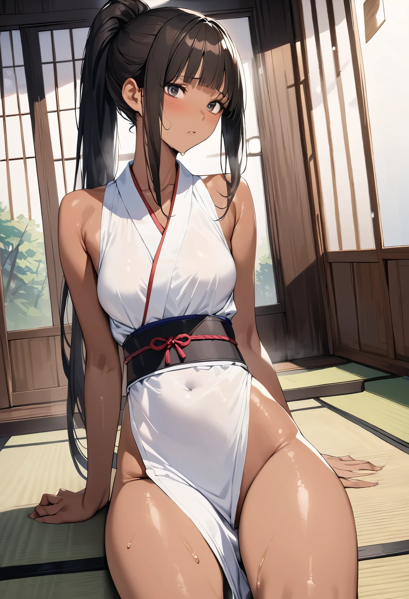((masterpiece,best quality anime,Highest quality:1.3)),realistic,cowboy shot,(25 year old beauty),Female ninja、1woman,独奏,((very small head:1.4)),((very long body:1.3)),black hair,bangs,(long ponytail hair),gorgeous big eyes,black eyes,shy,((tan skin:1.4)),((slender body:1.3,skinny)),medium breasts,gleaming skin,shiny skin,((White kimono、Black obi for a kimono、Sleeveless、Side slits、)),sweat:1.3,sitting,spread legs:1.3,Tatami floor,Japanese-style room、Japanese-style house、