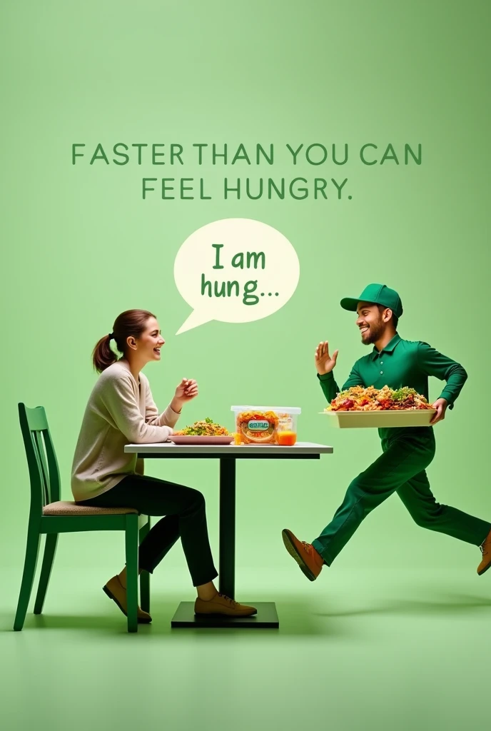 A green-themed, minimalistic advertisement for Swish, a food delivery startup. The image features a person sitting at a dining table with a thought bubble that reads 'I am hung...'. Before the person can complete the thought, a delivery boy is running swiftly towards the dining table with food in hand. The setting is simple, with clean lines and a focus on green tones. At the top of the image, the text reads 'Faster than you can feel hungry,'