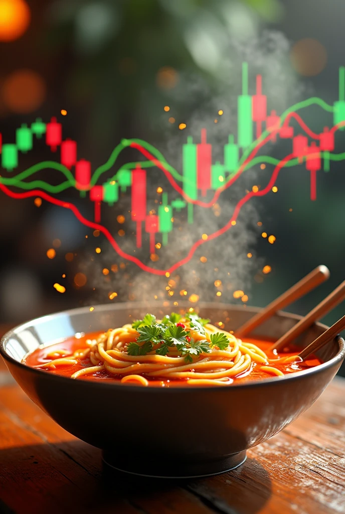 Can you create the modern 3d forex chart trading with three line of 3D moving average line indicators. chart against red and green candlesticks, Chart Ejaculate break out from very spicy soup noddle bowl. Graph make soup splashing from blow. Focus on graph.
