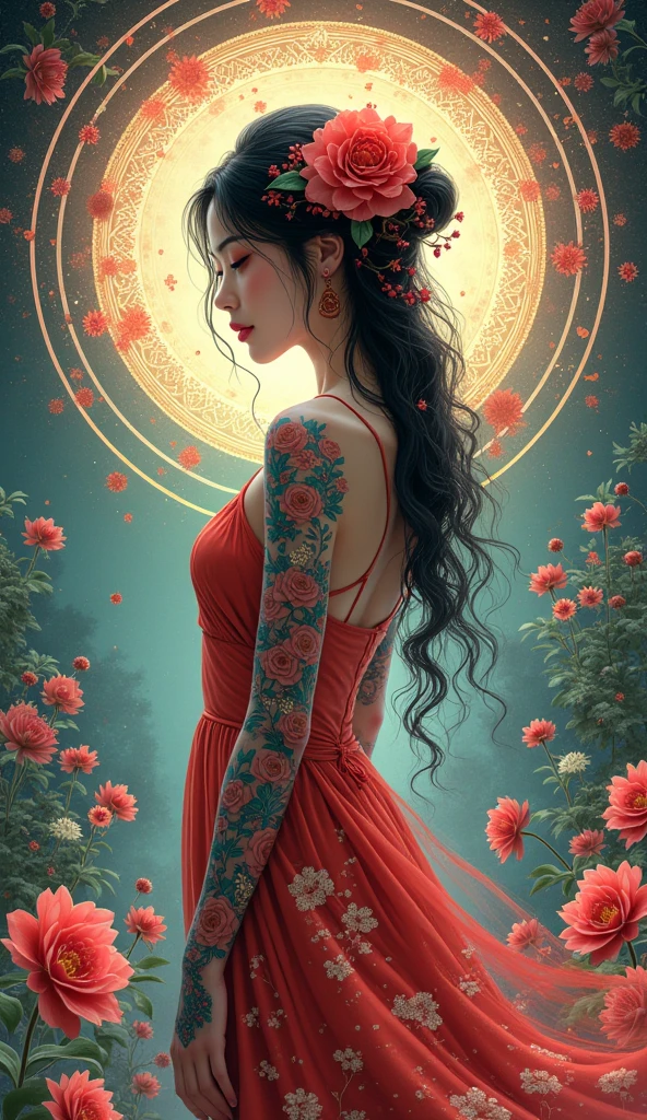 official art, unity 8k wallpaper, ultra detailed, beautiful and aesthetically pleasing, masterpiece, Best quality, chinese style, (zenconfuse, mandala, confuse, enconfuse), Flower Ecstasy, 1 girl, Extremely detailed, Dynamic angle, cowboy shot, The most beautiful form of chaos, elegant, brutalist designed, Bright colors, romanticism, James Jean, Robbie Dwi Antono, Ross Tran, Francis Bacon, Michael Mraz, Adrian Jenny, Petra Cortright, Gerhard Richter, Takato Yamamoto, Ashley Wood, atmospheric