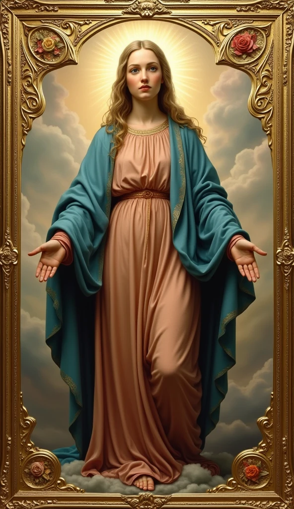 A very beautiful triptych of the Virgin Mary and her biography, A reddish-beige tunic, a blue cloak, and a veil, Staring at the camera with moist eyes,Images in the Triptych with Mary's Love
