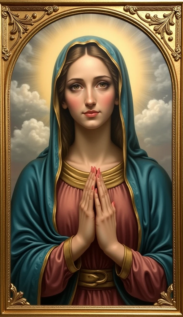 A very beautiful triptych of the Virgin Mary and her biography, A reddish-beige tunic, a blue cloak, and a veil, Staring at the camera with moist eyes,Images in the Triptych with Mary's Love