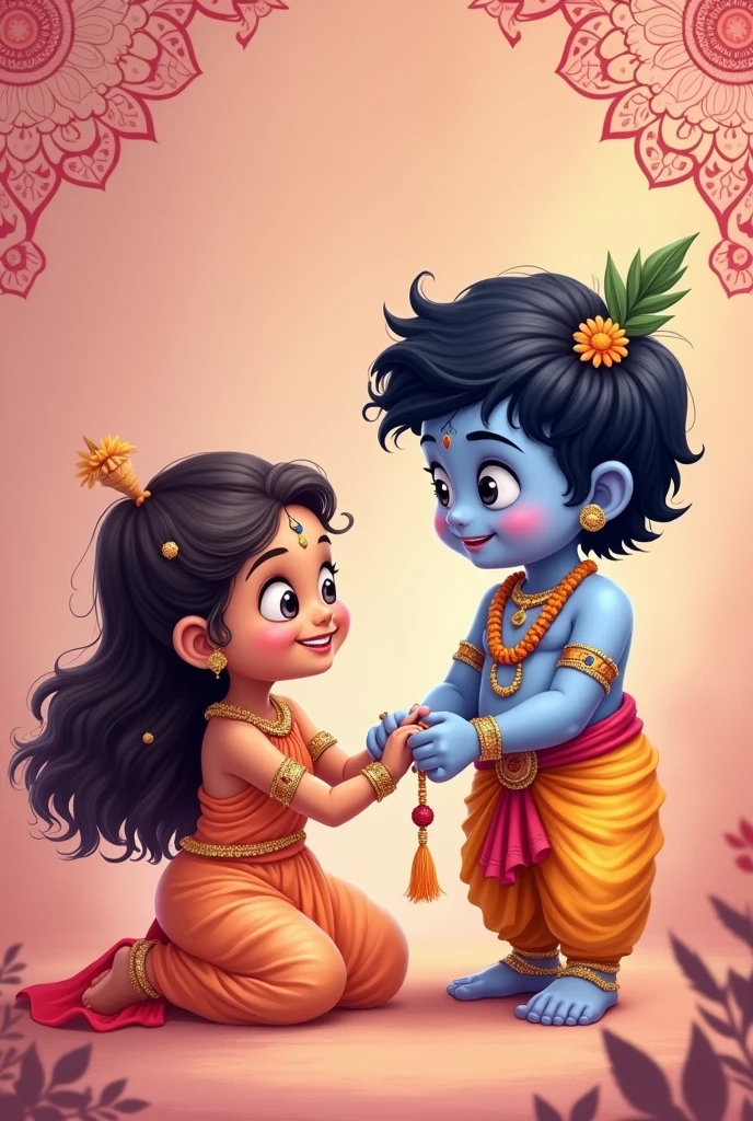 A cute cartoon illustration of a sister tying a rakhi on krishna's wrist, with a emotional expression on sisters face and relaxed and care on lord krishna's faces. The background is a soft pink color with a mandala pattern in the corner.