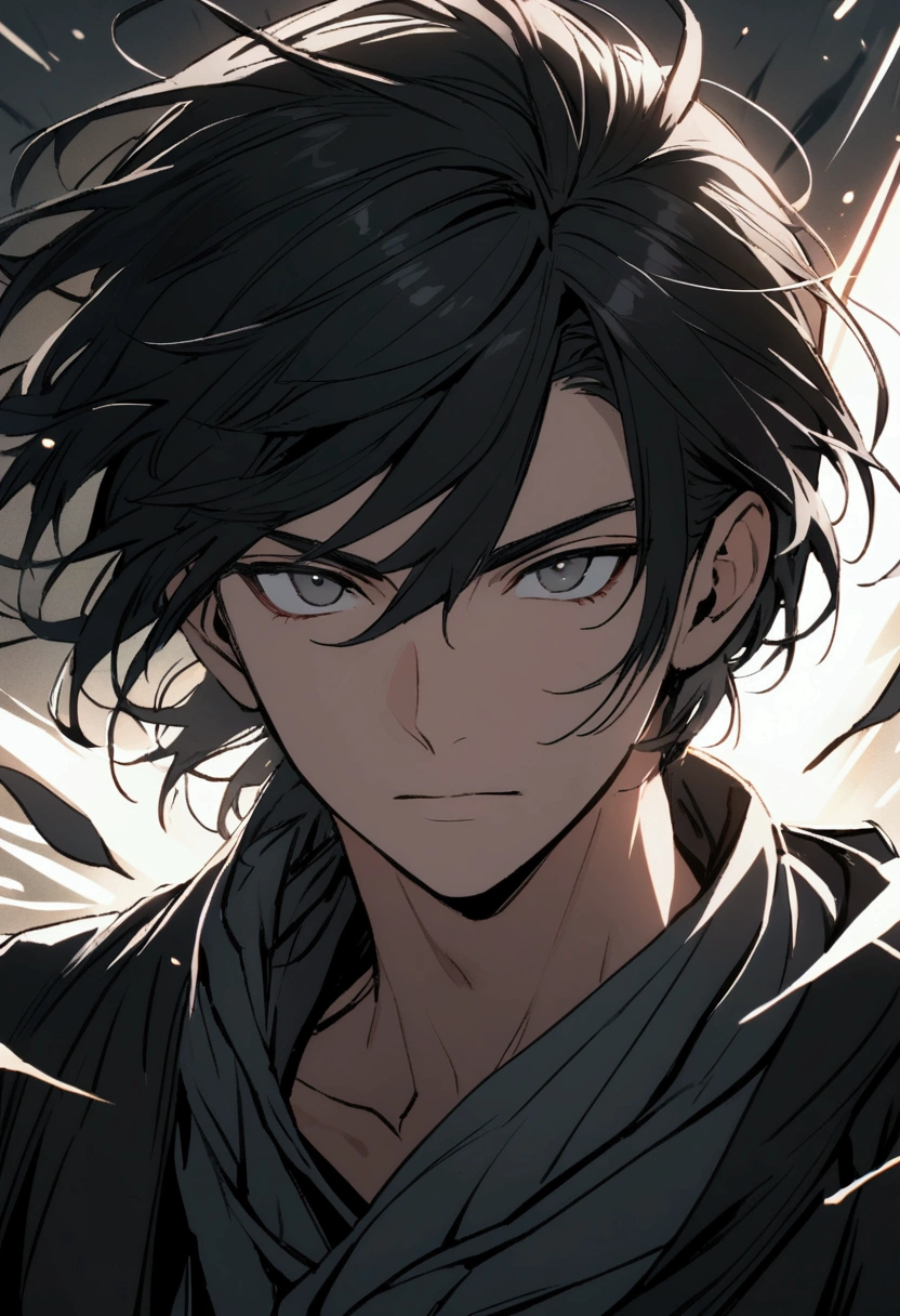 A boy with black hair and gray eyes