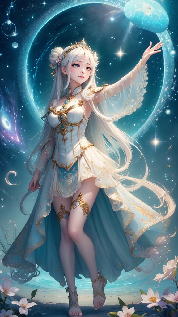 (masterpiece、Highest quality、Highest quality、Beautiful and beautiful:1.2)、Excellent anatomy、The delicate story of a girl with milky white hair、Looking up at the stars、Expressive eyes、Astrologer costume、Wrapping up、Fog rising from the feet、flash、Illumination、12 Zodiac Signs、Going around、Standing at the entrance to the ground labyrinth、Interpreting the Starry Sky、Luminous Splash in Both Hands、Four delicate fingers and one thumb、Fulfilled、Overflowing、lime、Beautiful 3D、Deep Background、Fantasy art