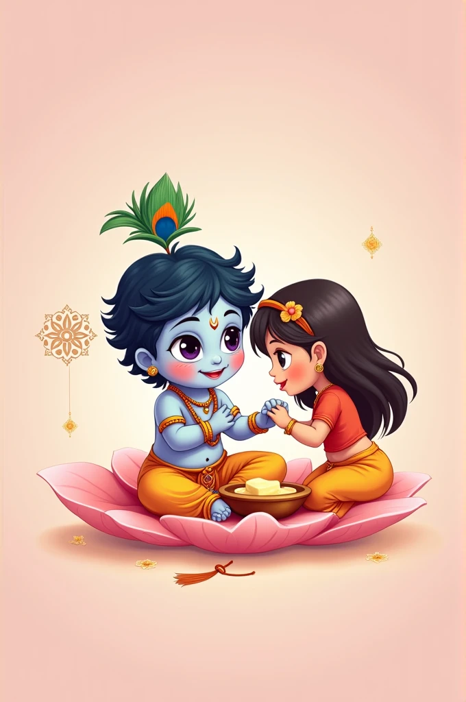 A cute, chibi style illustration of Krishna with big eyes, a peacock feather headdress, and a yellow dhoti. He is sitting cross-legged on a pink flower petal with a bowl of butter in front of him. The background is a soft pink with a white halo around him. A cute cartoon illustration of a sister tying a rakhi on krishna's wrist, with a emotional worried expression on sisters face and relaxed and care on krishna's faces. The background is a soft pink color with a mandala pattern in the corner.