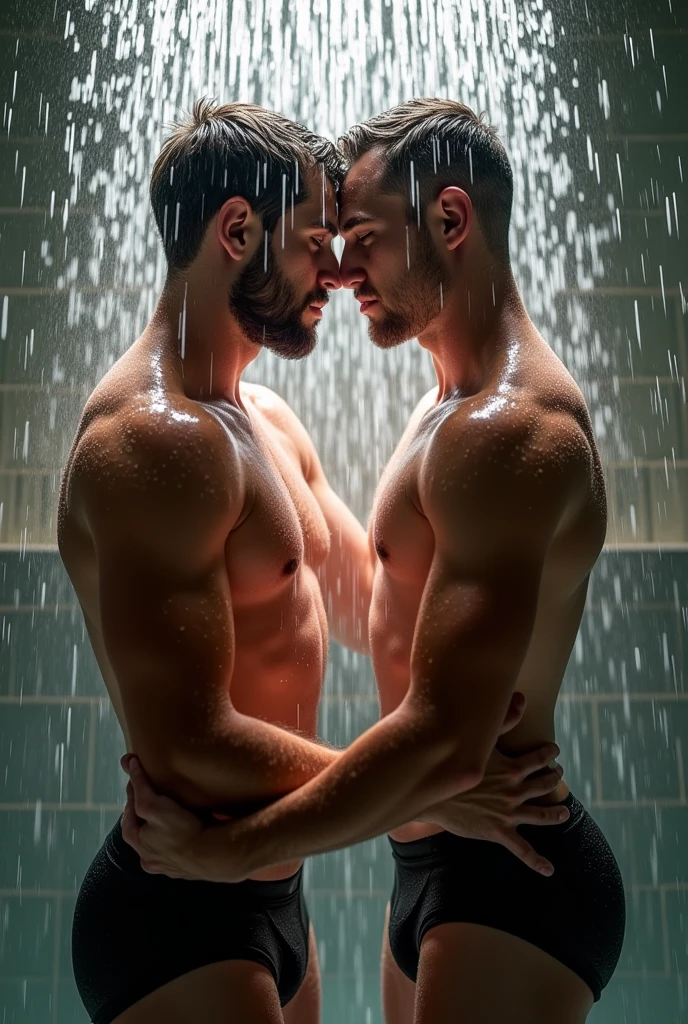 A man bathing togather in shower 🚿🚿🚿🚿 make very very very very water droplet effect on man body and were very very wet black tank top under vest and were very very wet black trunk underwear and were black tank top undervest and make wear very very wet tank tops undervest and make water effects on tow man body
