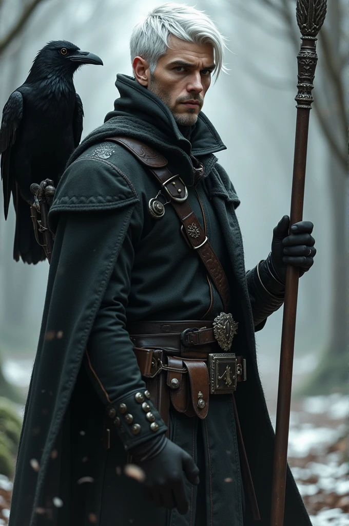 RPG filter
Half-elf, offwhite, with a staff and a raven
Rebellious, militar, short black hair, with white streaks in their hair , he is a man, no beard but very masculine, bad boy, burglar