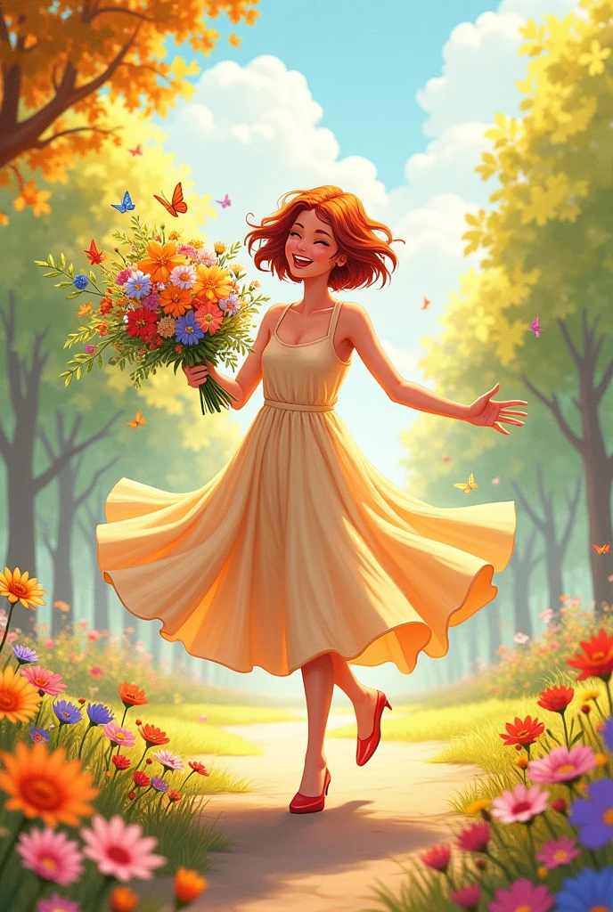 A woman with short hair wearing a dress and holding a bouquet、2D illustration of a person celebrating