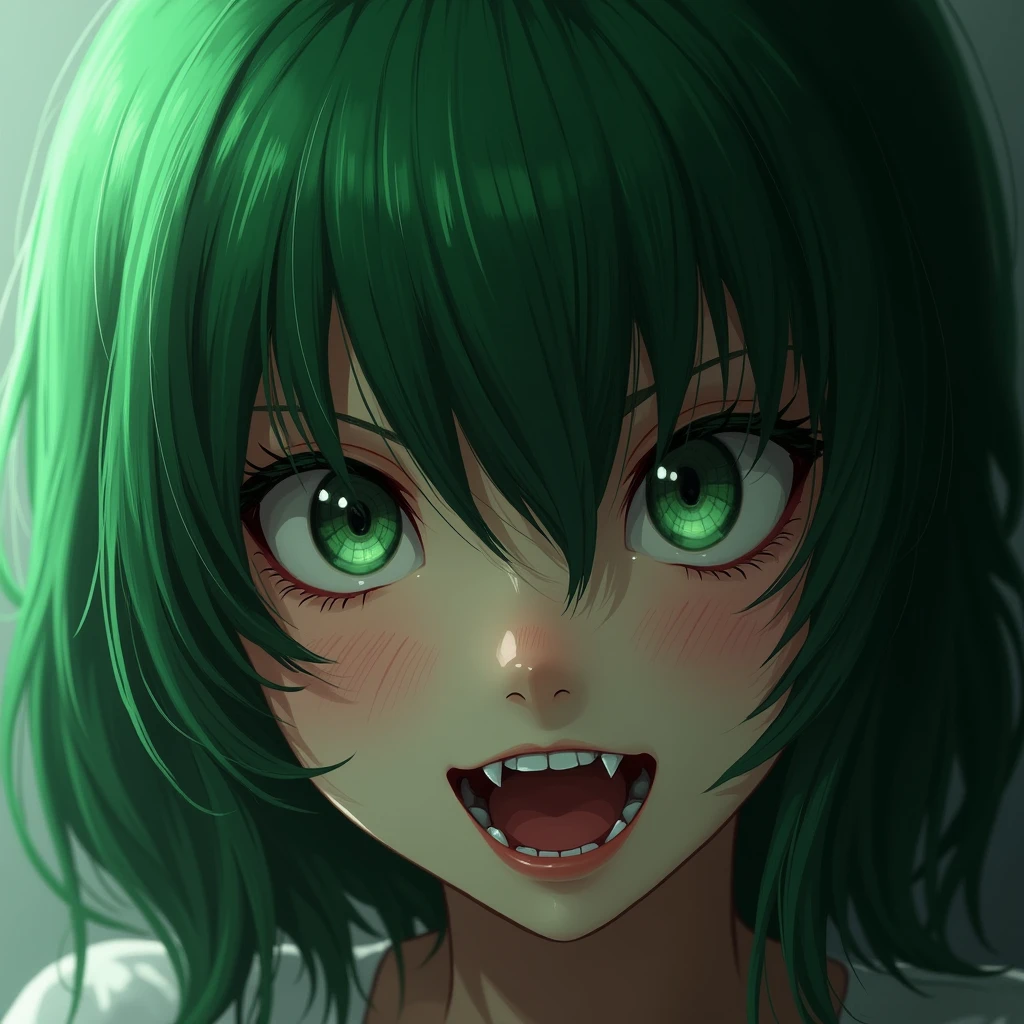 eyes are hidden by bangs,　Green Hair　Jagged teeth　