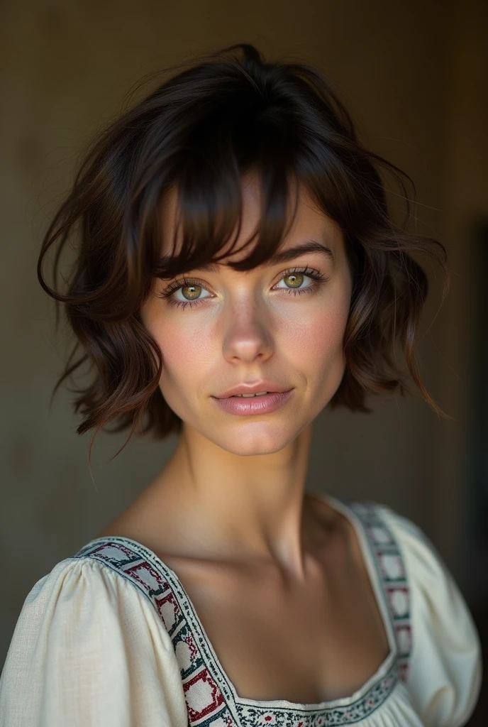 4K Vivid, 25 years old, boys, gram, naturey, Messy hair, Dark Brown Short Hair, hazel eyes, glare eyes, Photographic Model, Country Peasant Dress