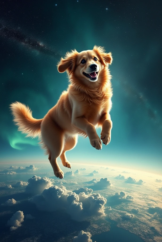 Dog jumping from moon towards earth
