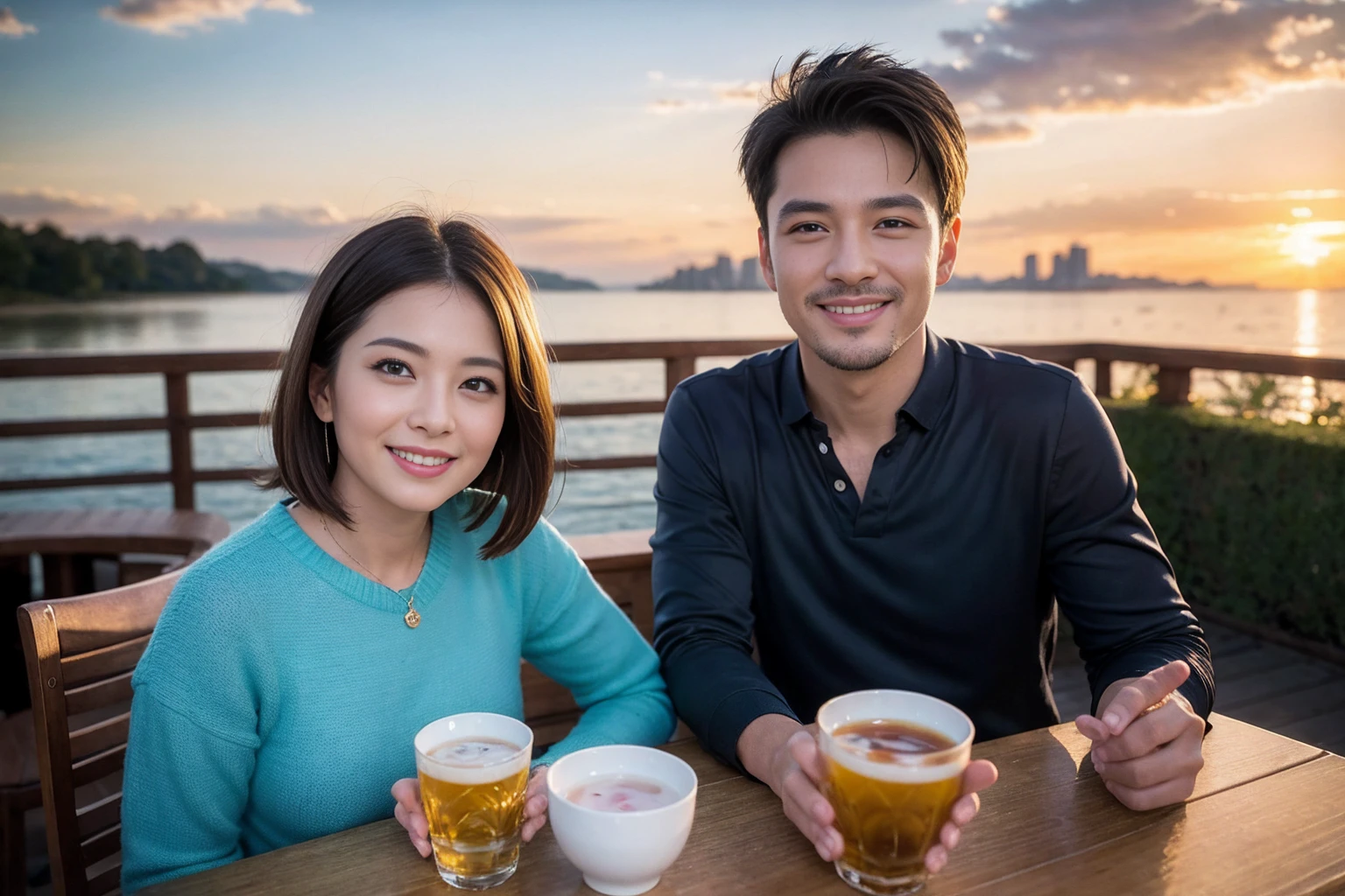 ((Highest quality、8k、masterpiece:1.3))、Izakaya、Japanese sake、Slim couple、Model Couple、(Realistic, Intricate details:1.2), Japanese sake、1 liter bottle、Japanese food、Soba、Japanese sake、Shochu 、Amazing view of the sunset sky and clouds、Bright smile、The beauty of a smile、Bright image、Beautiful Face, blue eyes, The light shines on your face, blush, short hair,Bright Face、 (Age 37), 39 years old, Brown Hair、Shortcuts、Long sleeve shirt、dress、Beautiful woman