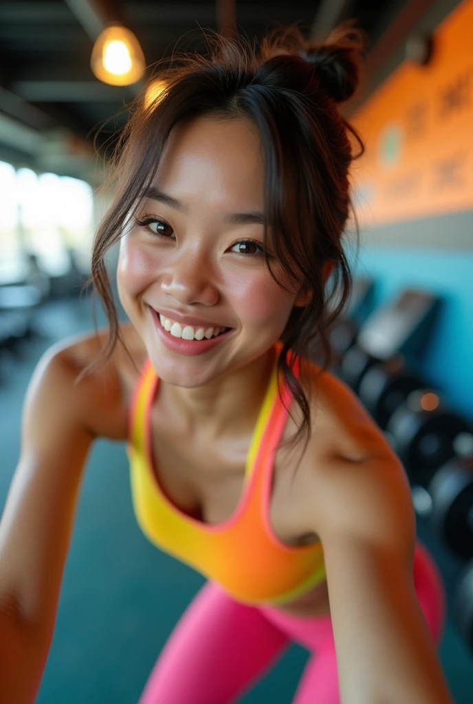 Selfie。A close-up shot of a Japanese woman's chest, bending over and revealing a glimpse of her colorful workout wear.。