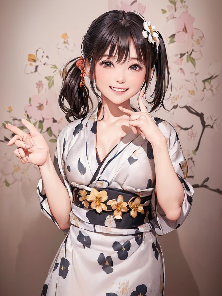 (((Cowboy Shot、Women's Solo Shot、Oil、Pure white wall background、masterpiece、Highest quality、High resolution)))、Brown Hair、Long Hair、(((Side Ponytail)))、(((Floral Yukata)))、(((Black yukata)))、Fashionable hairstyles、Pure white wall background、Red cheeks、((No Shadow、Frame In))、((Small breasts))、((smile))、((Happy expression))、(((Raising the right hand)))、((((No background))))、