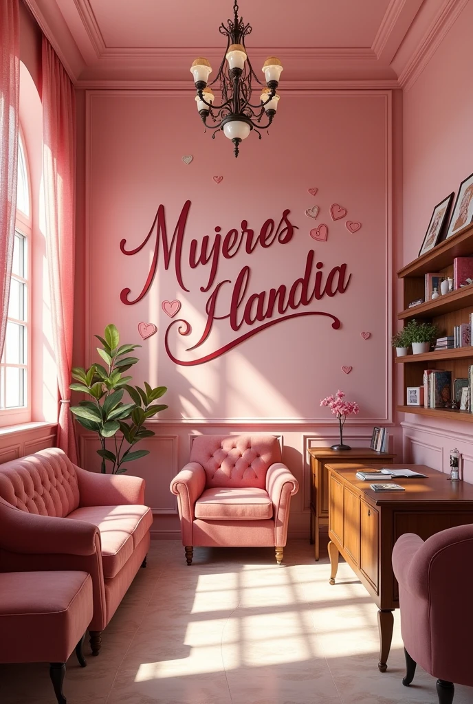 (photorealism:1.2) Super girly pink police station inside, the words "Mujereslandia" on the wall, realistic, intricate details