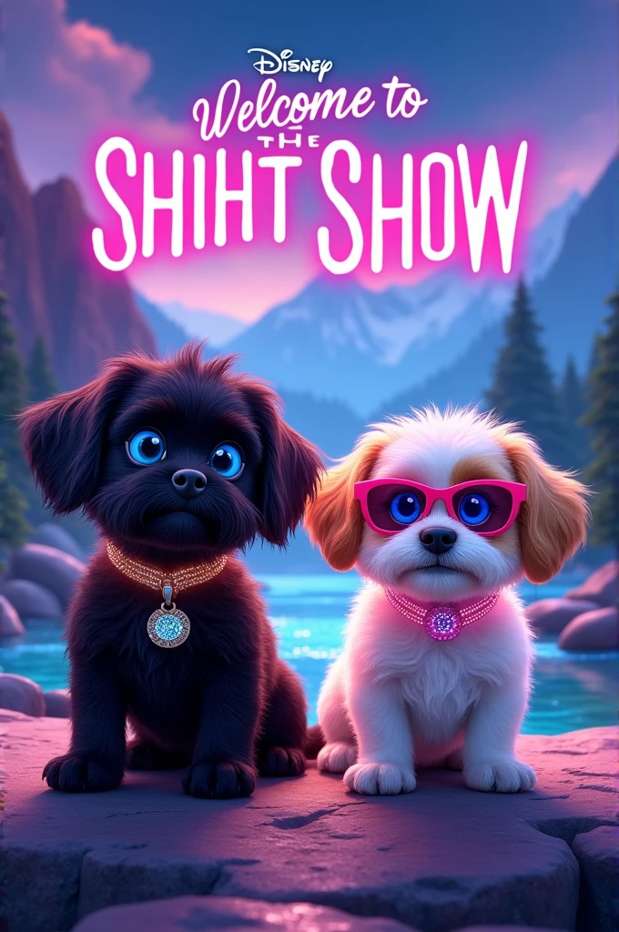 Create a disney movie poster titled Welcome to the Shiht Show in neon colors, mountains and creek on poster, 2 adorable black shih tzu puppies with big blue eyes wearing bright collars and sunglasses, names Violet and Oakley, 1 white shih tzu puppy with light blue eyes wearing a bright pink collar and sunglasses, name lil miss mollie, 1 gold and white shih tzu puppy with light blue eyes wearing a rhinestone collar and sunglasses, name Auggie, 1 white with brown tips shih tzu puppy with light blue eyes wearing a rhinestone collar and sunglasses, name Parker, happy, cheerful, playful, excited, bright colors in background, 3D Pixar style