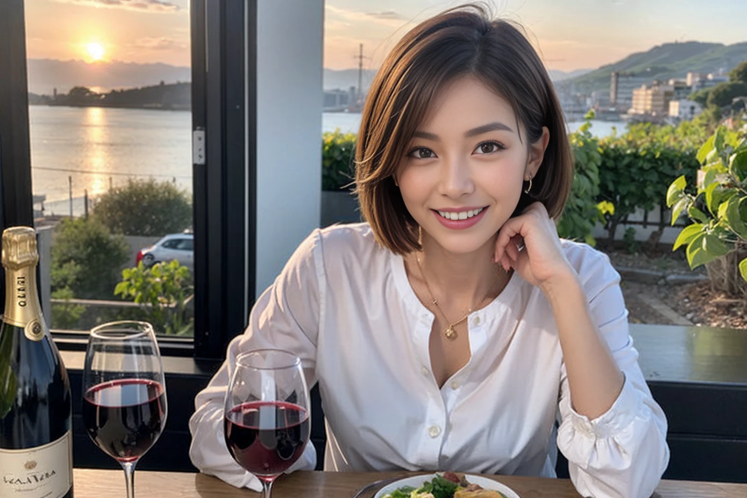 （Realistic:1.1）,(masterpiece,Highest quality)，8k,(49 years old), 53 years old, ベリーslimボディ、slimカップル、Tight waist,Upper Body,full-course dinner、wine 、Amazing view of the sunset sky and clouds、Perfect Anatomy, Brown Hair, short hair,Random Hairstyles,((Highly detailed face and eyes:1.2))，Perfect golden ratio face，Long sleeve shirt、dress,(smile:1.2)、Shortcuts、cute、(Realistic, Intricate details:1.2), A bright smile、short hair,Bright Face、赤wine 、Appetizers、Italian food、wine bottle、Champagne、スパークリングwine、(slimな顔), (The body is slim), (Brown Hair), (Shortcuts),  Upper Body, 白wine, slim, wineグラス, 