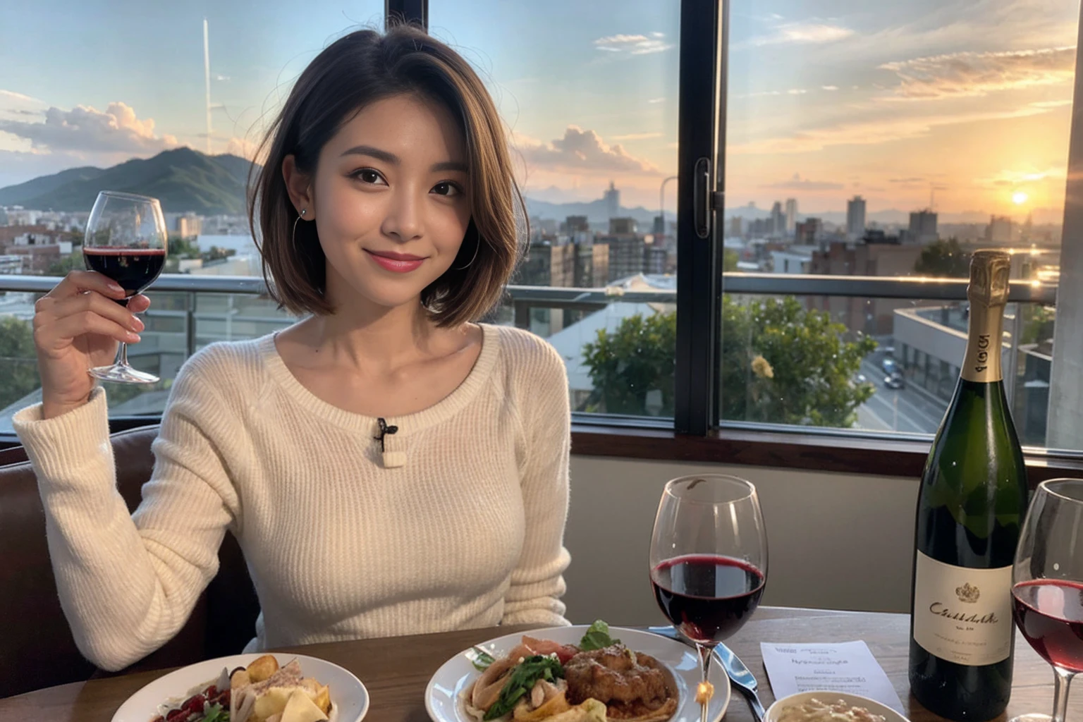 (Realistic:1.1),(masterpiece,Highest quality),8k,(49 years old), 53 years old, ベリーslimボディ、slimカップル、Tight waist,Upper Body,full-course dinner、wine 、Amazing view of the sunset sky and clouds、Perfect Anatomy, Brown Hair, short hair,Random Hairstyles,((Highly detailed face and eyes:1.2)),Perfect golden ratio face,Long sleeve shirt、dress,(smile:1.2)、Shortcuts、cute、(Realistic, Intricate details:1.2), A bright smile、short hair,Bright Face、赤wine 、Appetizers、Italian food、wine bottle、Champagne、スパークリングwine、(slimな顔), (The body is slim), (Brown Hair), (Shortcuts), Upper Body, 白wine, slim, wineグラス,