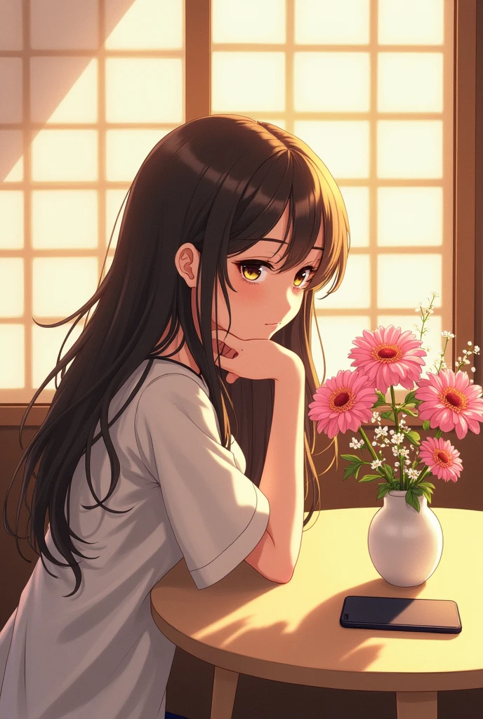 20-year-old woman, cute room, window side, Japanese-style room, table(A round beige table)iPhone placed on the table, woman, side profile, leaning on the table, long hair, Japanese, human-like manga, beautifully detailed, melancholic, lonely expression, eyes open, brown eyes, flower vase by the window, pink gerberas, white small flowers, white vase