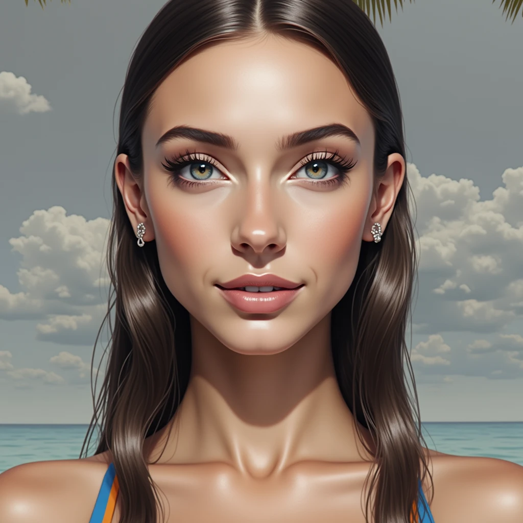 From the photo, create a full picture of her in a swimsuit on the beach