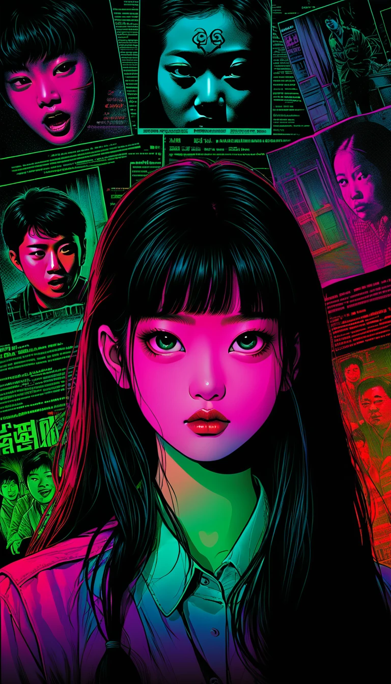 An illustration、art、80s Thai horror movie poster, Supervised by Junji Ito、(high school student:1.0)、factory、Attention to detail, Realistic Shadows、Analog Style, chromatic aberration, Surrealism、Complementary Gradient