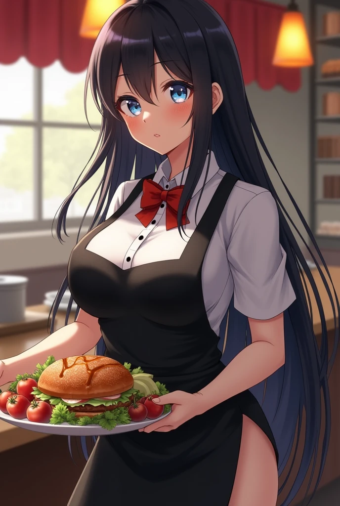 Girl with long hair, black in color, blue colored eyes. with huge breasts, slim with hips and ass, no belly. Dressed as a waitress serving food, realist