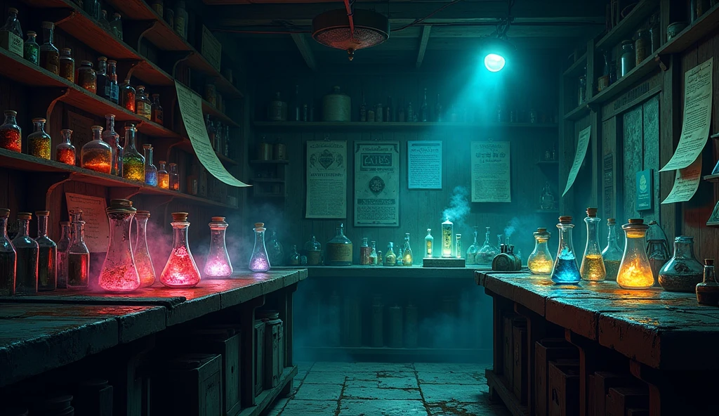 Draw a room where dangerous medicine is being manufactured in an anime-style with a dark atmosphere.。Don't carry people.