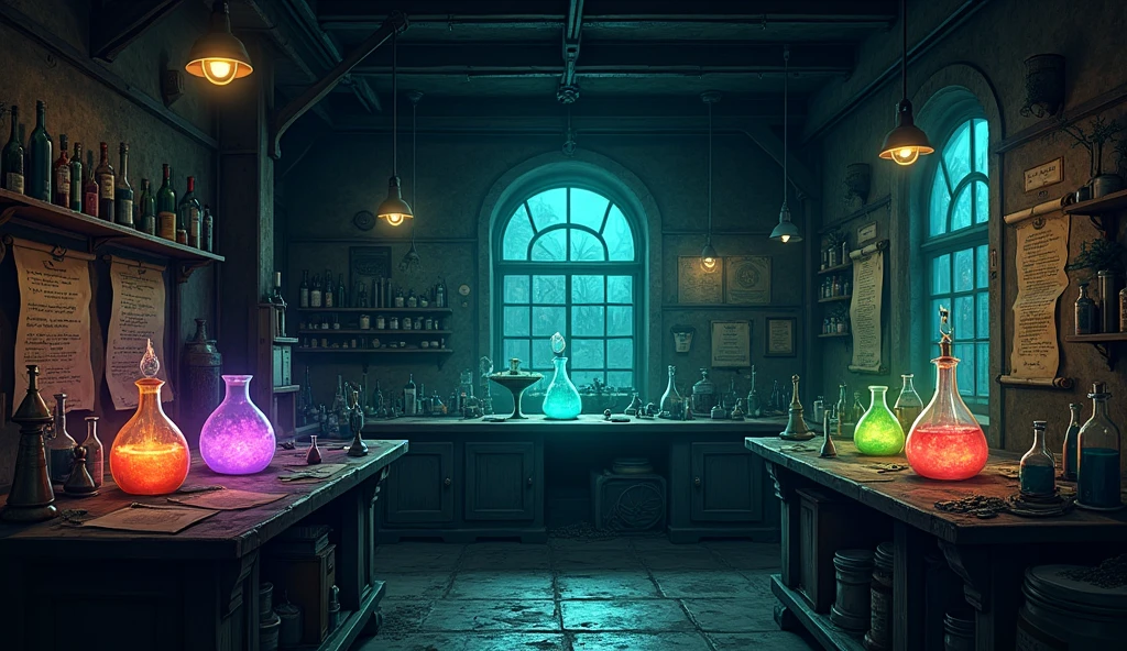Draw a room where dangerous medicine is being manufactured in an anime-style with a dark atmosphere.。Don't carry people.