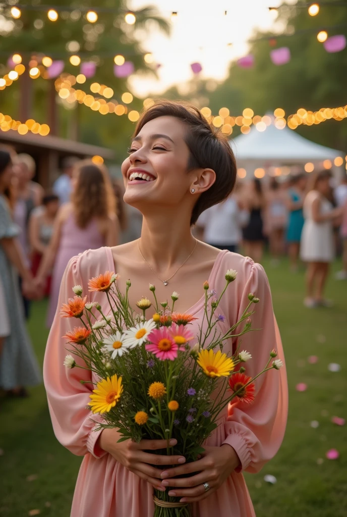 A woman with short hair wearing a dress and holding a bouquet、Illustration of a beautiful girl celebrating