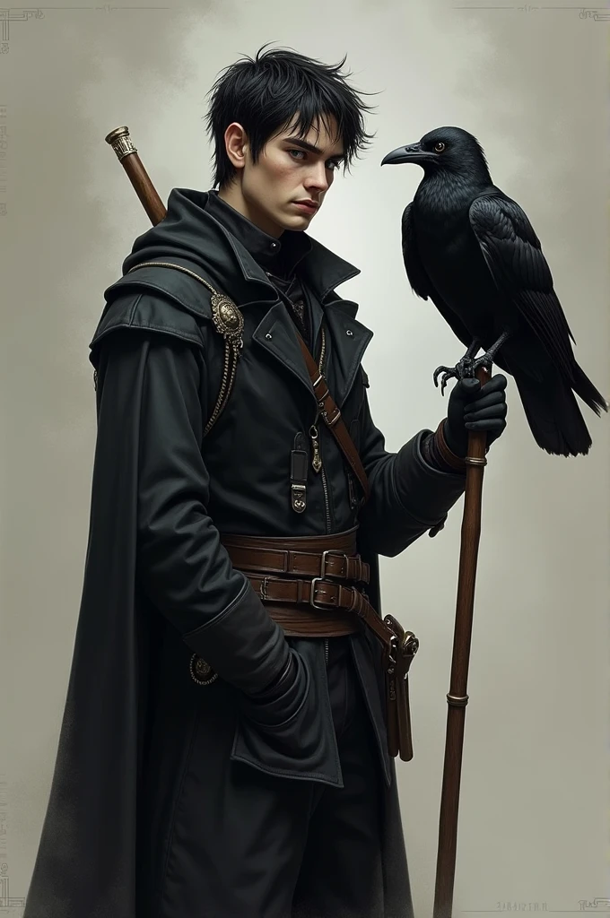 RPG filter
Half-elf, offwhite, with a staff and a raven
Rebellious, militar, short black hair, with white streaks in their hair , he is a man, no beard but very masculine, bad boy, burglar, He's not that old, around 24 years old