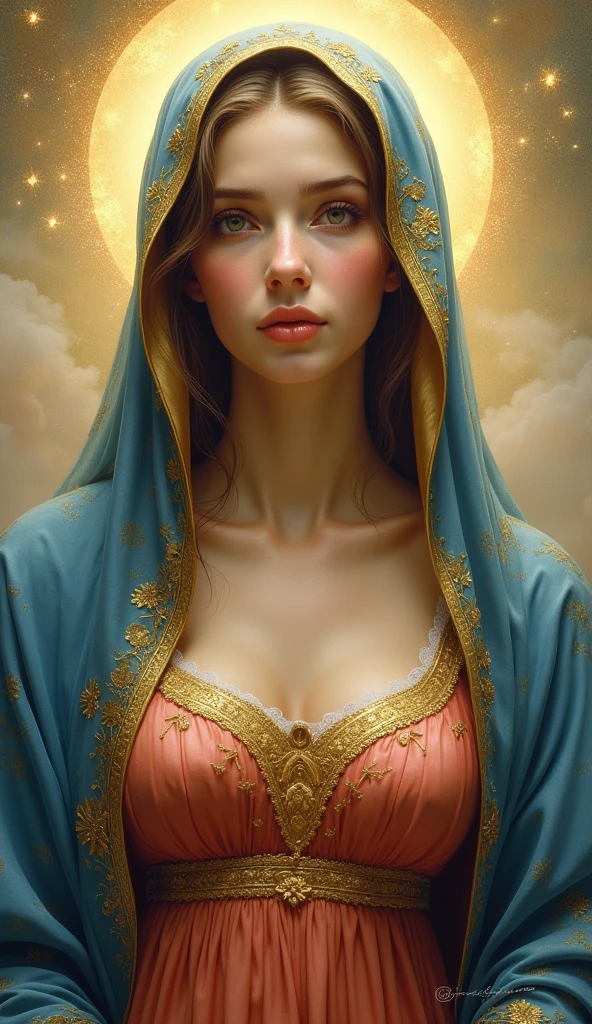 A very beautiful triptych of the Virgin Mary and her biography, Reddish beige lingerie and blue cloak and veil, Staring at the camera with moist eyes,Images in the Triptych with Mary's Love