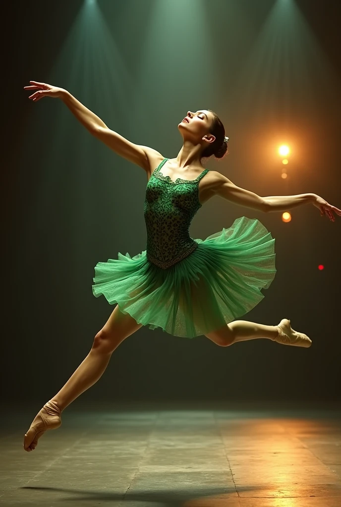 arafed female dancer in green leoper, leotard, dynamic dance photography, in a jumping float pose, leaping, wearing leotard, inspired by Elizabeth Polunin, classic dancer striking a pose, leaping with arms up, pointè pose, ballet performance photography, pointe pose