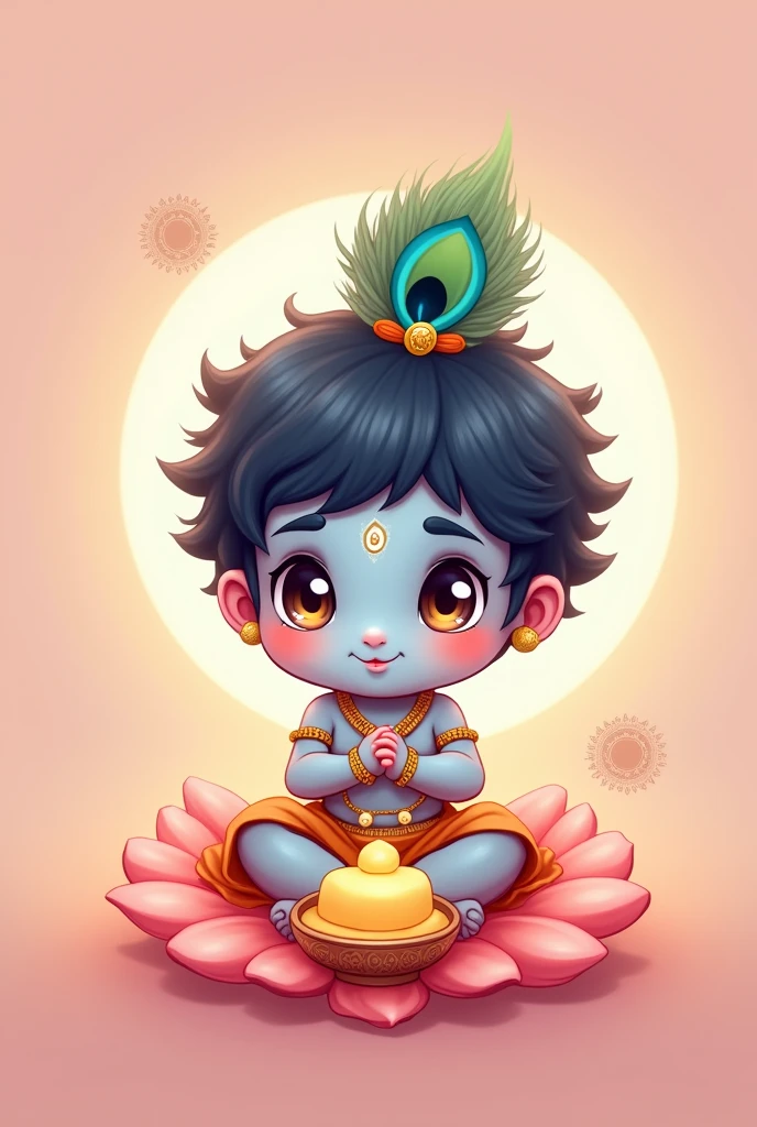 A cute, chibi style illustration of Krishna with big eyes, a peacock feather headdress, and a yellow dhoti. He is sitting cross-legged on a pink flower petal with a bowl of butter in front of him. The background is a soft pink with a white halo around him. A cute cartoon illustration of a sister tying a rakhi on krishna's wrist, with a emotional expression on sisters face and relaxed and care on krishna's faces. The background is a soft pink color with a mandala pattern in the corner.