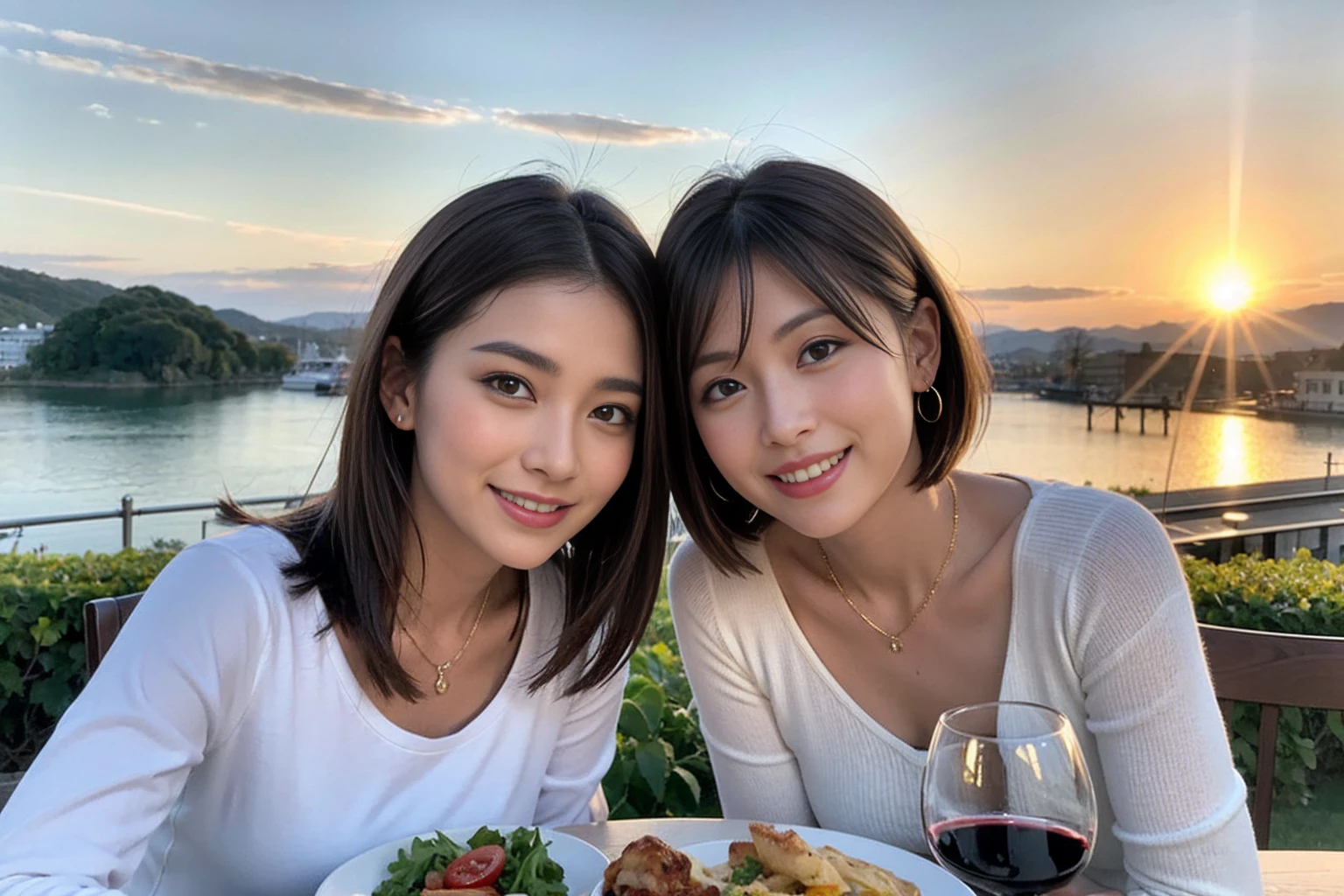 (Realistic:1.1),(masterpiece,Highest quality),8k,(49 years old), 53 years old, ベリーslimボディ、slimカップル、Tight waist,Upper Body,full-course dinner、wine 、Amazing view of the sunset sky and clouds、Perfect Anatomy, Brown Hair, short hair,Random Hairstyles,((Highly detailed face and eyes:1.2)),Perfect golden ratio face,Long sleeve shirt、dress,(smile:1.2)、Shortcuts、cute、(Realistic, Intricate details:1.2), A bright smile、short hair,Bright Face、赤wine 、Appetizers、Italian food、wine bottle、Champagne、スパークリングwine、(slimな顔), (The body is slim), (Brown Hair), (Shortcuts), Upper Body, 白wine, slim, wineグラス,
