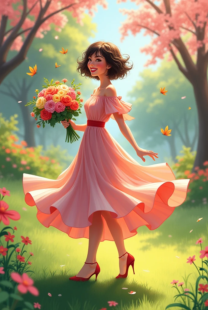 A woman with short hair wearing a dress and holding a bouquet、A 2D illustration of a beautiful girl celebrating