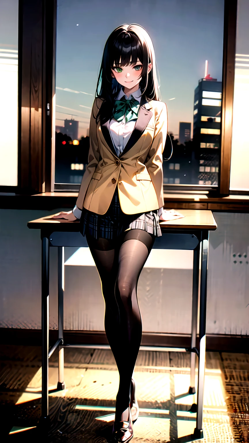 （（super high quality,Ultra-high resolution,4K,8k,super masterpiece,Ultra HD ,Detailed shading））,Full body photo,night classroom,1 high school girl,Blue-green blazer,White dress shirt unbuttoned to the second button,Yellow and black striped bowtie,Brown plaid mini skirt,Black tights,Extremely long, straight, black hair,Side-swept bangs,Heterochromia of orange and green,Sharp gaze with raised eyebrows,smile,