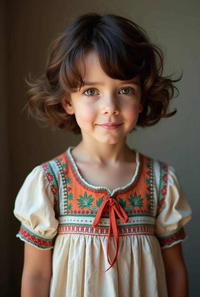 4K Vivid Girl Child, 5 years old, boys, gram, naturey, Messy hair, Dark Brown Short Hair, hazel eyes, glare eyes, Photographic Model, Country Peasant Dress