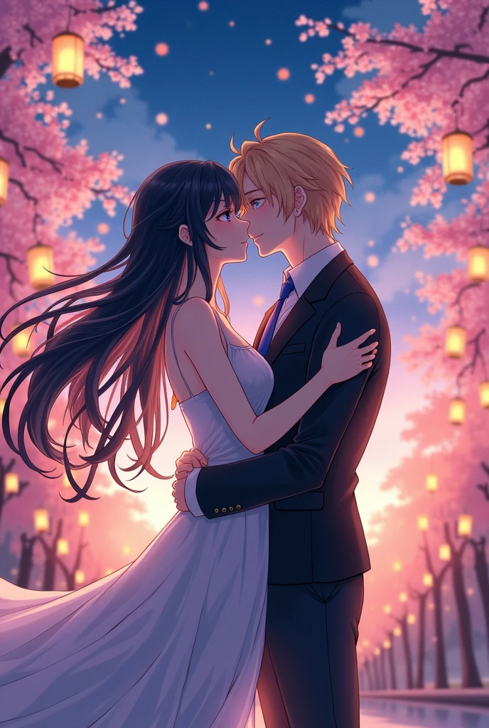 (anime) a guy with long black hair, a guy with long blonde hair, kissing